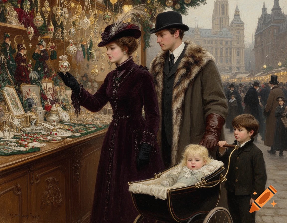 A Victorian family, dressed in winter attire, shops at an ornate Christmas market stall in 1890s London, oil painting style.