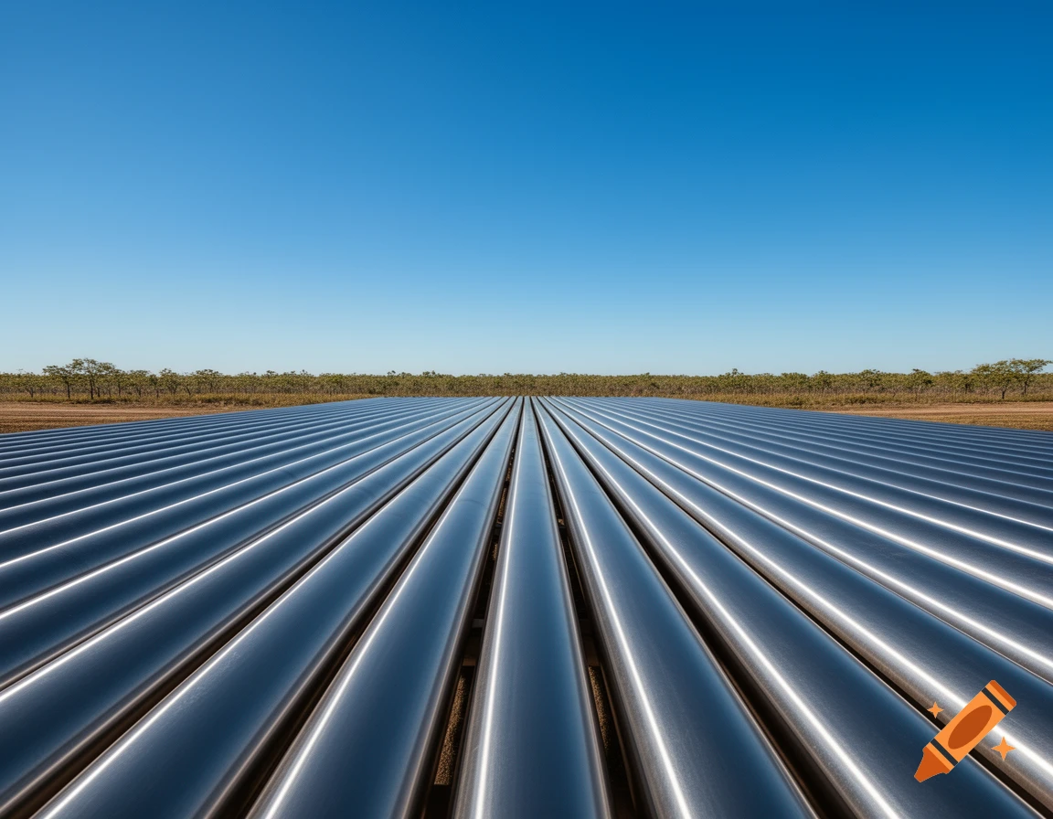 Numerous shiny parallel pipes stretch across a flat, arid landscape towards a distant treeline under a clear blue sky.