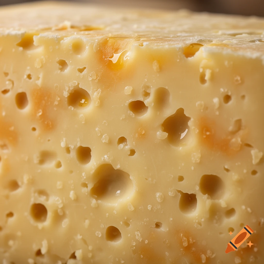 Close-up, photorealistic view of a block of yellow cheese showing its distinctive holes and textured surface.