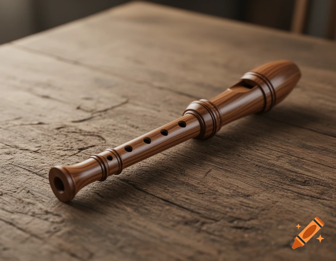 A photorealistic wooden recorder lies on a rustic wooden table.