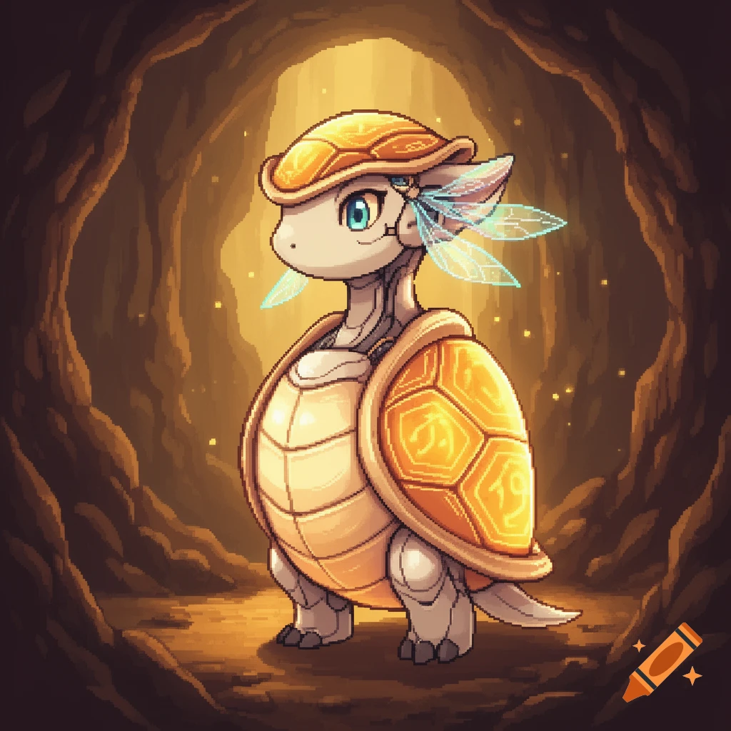 Pixel art of a cute, bipedal creature resembling a turtle with a golden, glowing shell and ethereal blue insect wings, standing in a warm-toned cave.