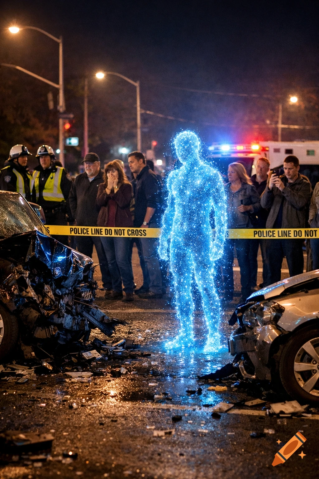 A luminous blue energy figure stands between two wrecked cars at a night car accident scene, with police, a crowd, and 'Police Line Do Not Cross' tape.
