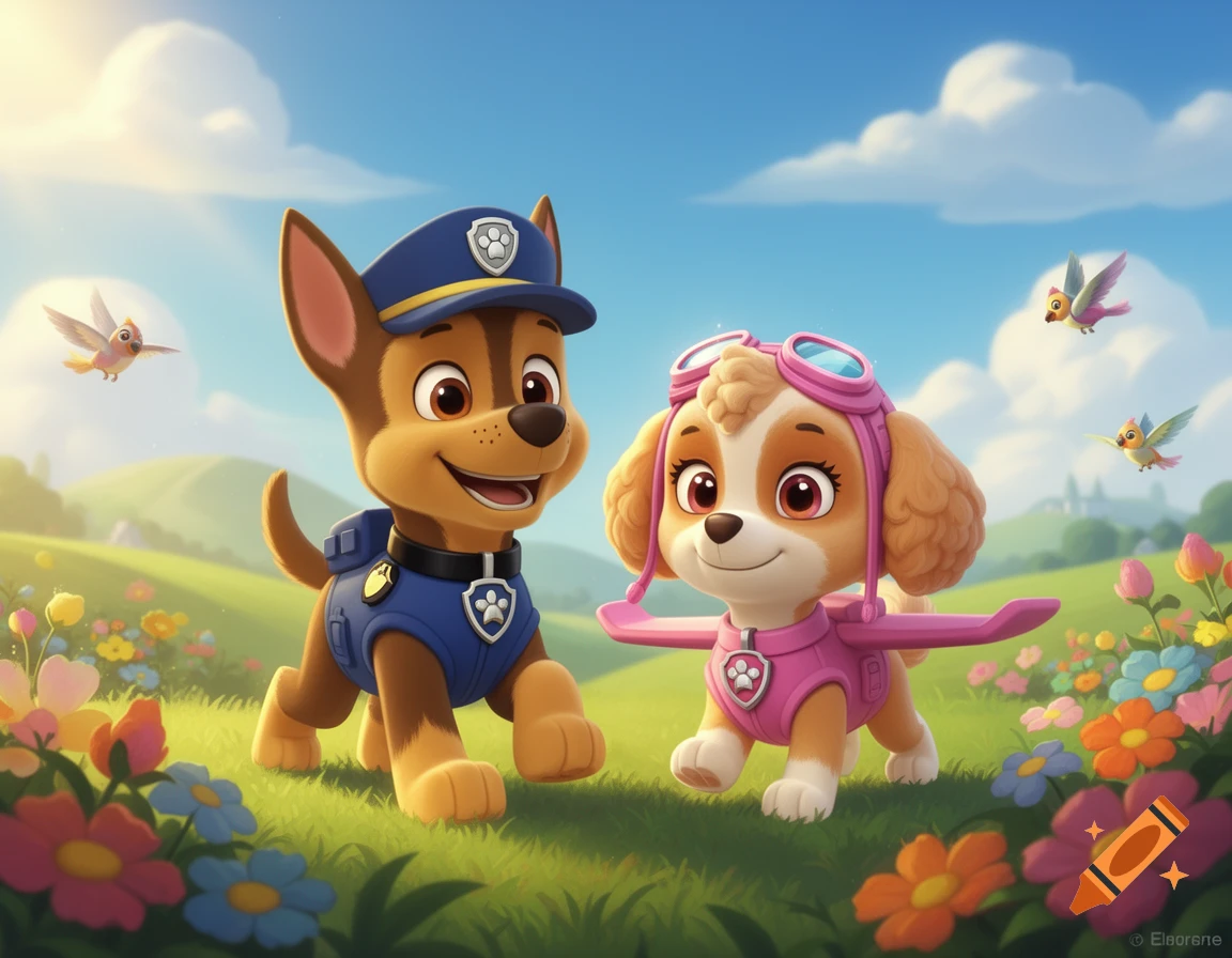 Chase and Skye from Paw Patrol smile happily in a sunny, flower-filled field with birds flying.