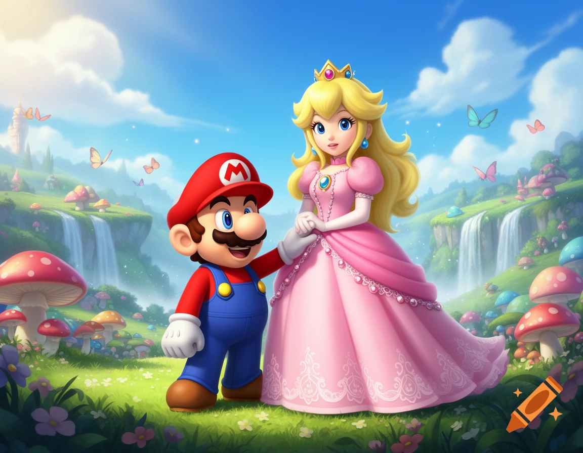 Mario and Princess Peach stand in a vibrant, cartoonish fantasy landscape with waterfalls, clouds, butterflies, and giant mushrooms.