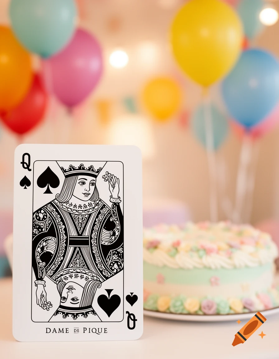 Queen of Spades playing card standing upright in front of a blurred background of colorful birthday balloons and a decorated cake.