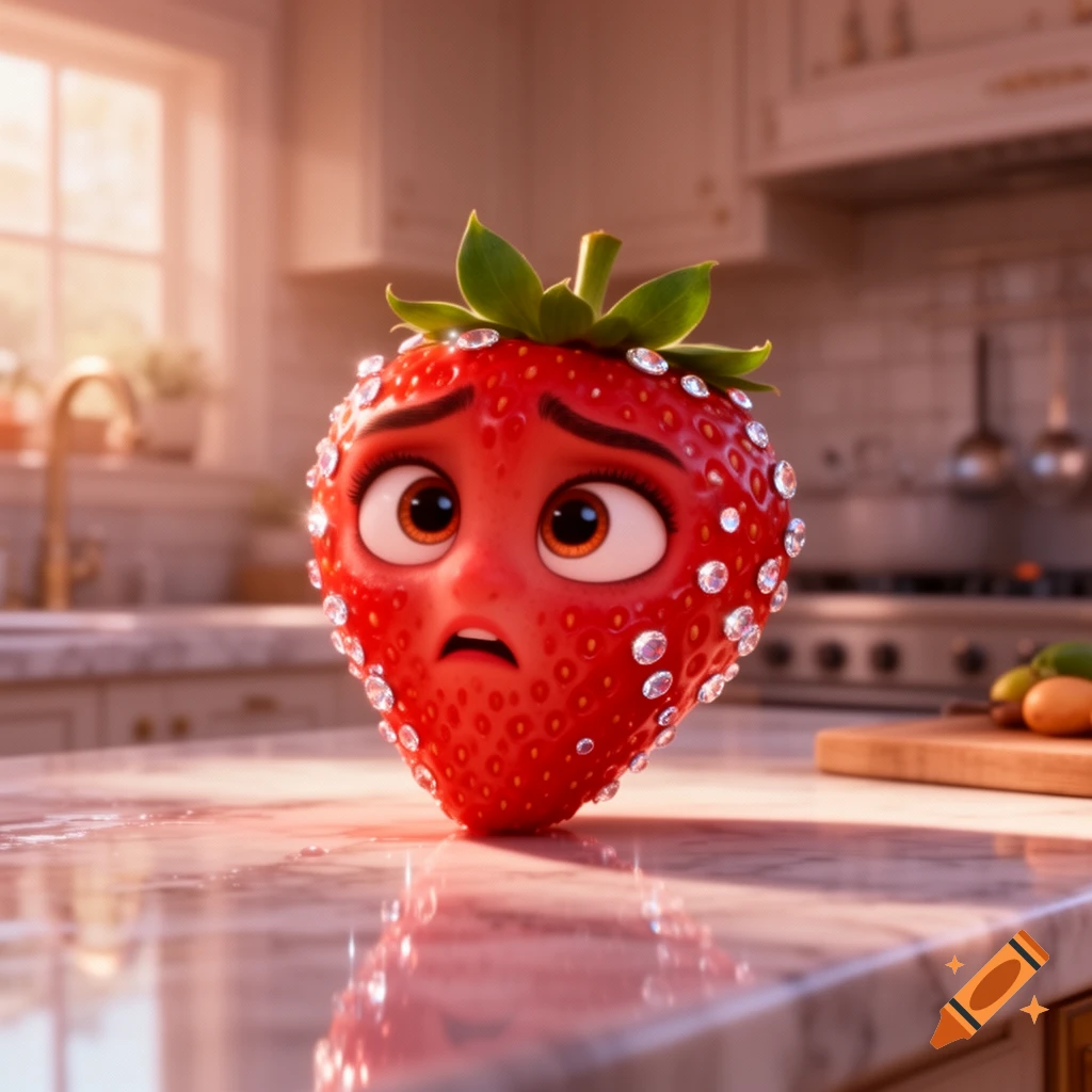 An anthropomorphic strawberry with a dramatic expression and diamonds on its skin in a brightly lit kitchen, Pixar style.