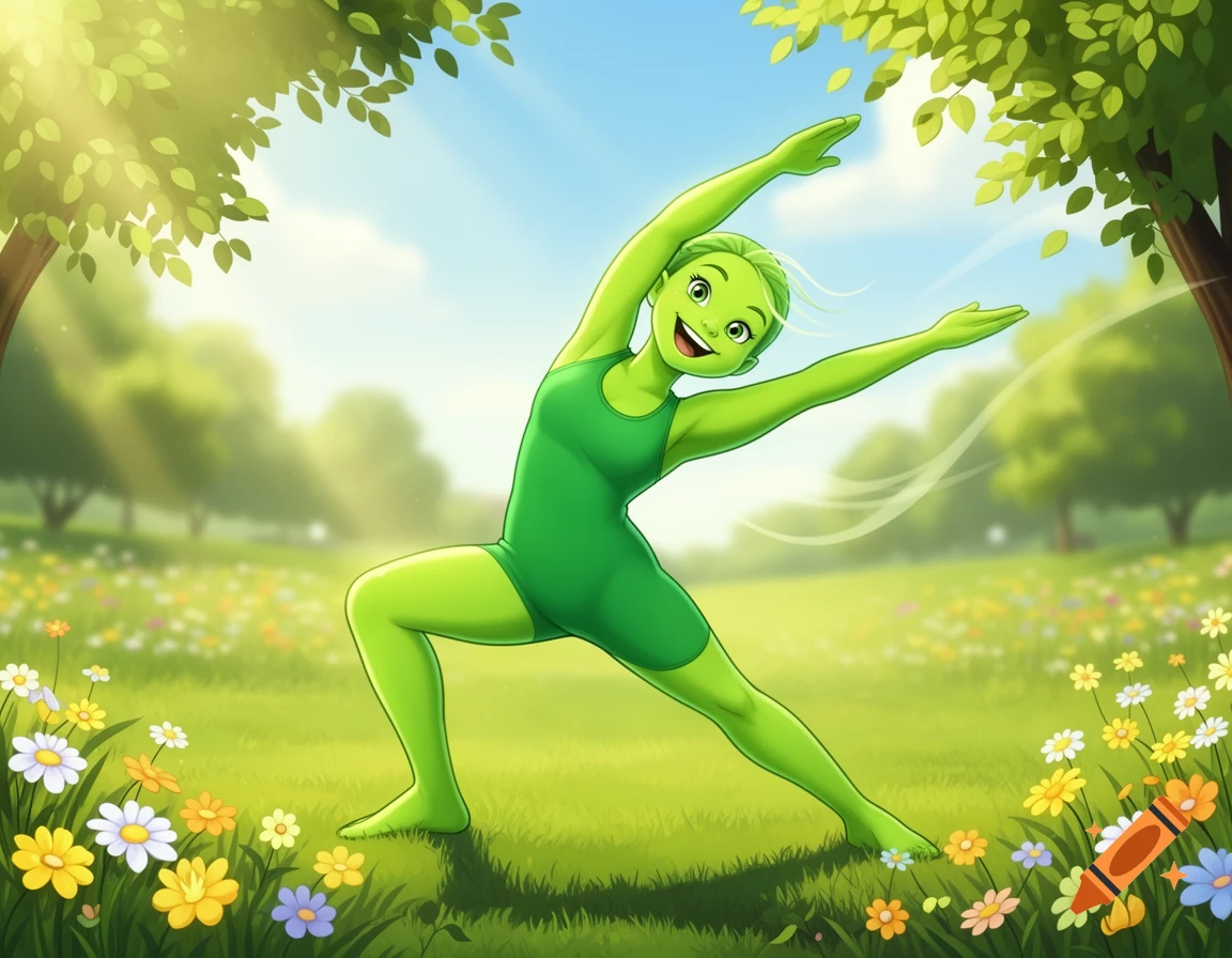 A happy, green cartoon character stretches in a sunny field of wildflowers, arms raised and body bent to the side.