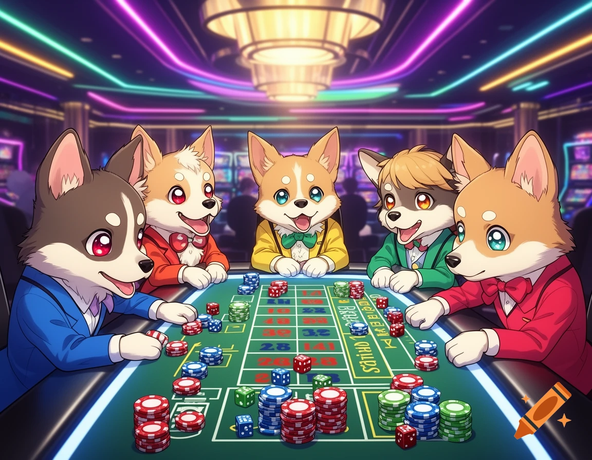 Anime-style dogs in suits play roulette at a neon-lit casino table.