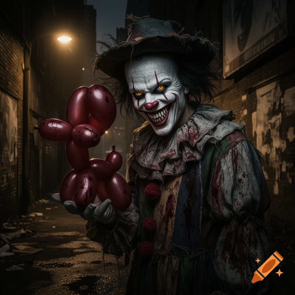 A creepy clown with glowing eyes and sharp teeth holds a blood-stained balloon dog in a dark alley.