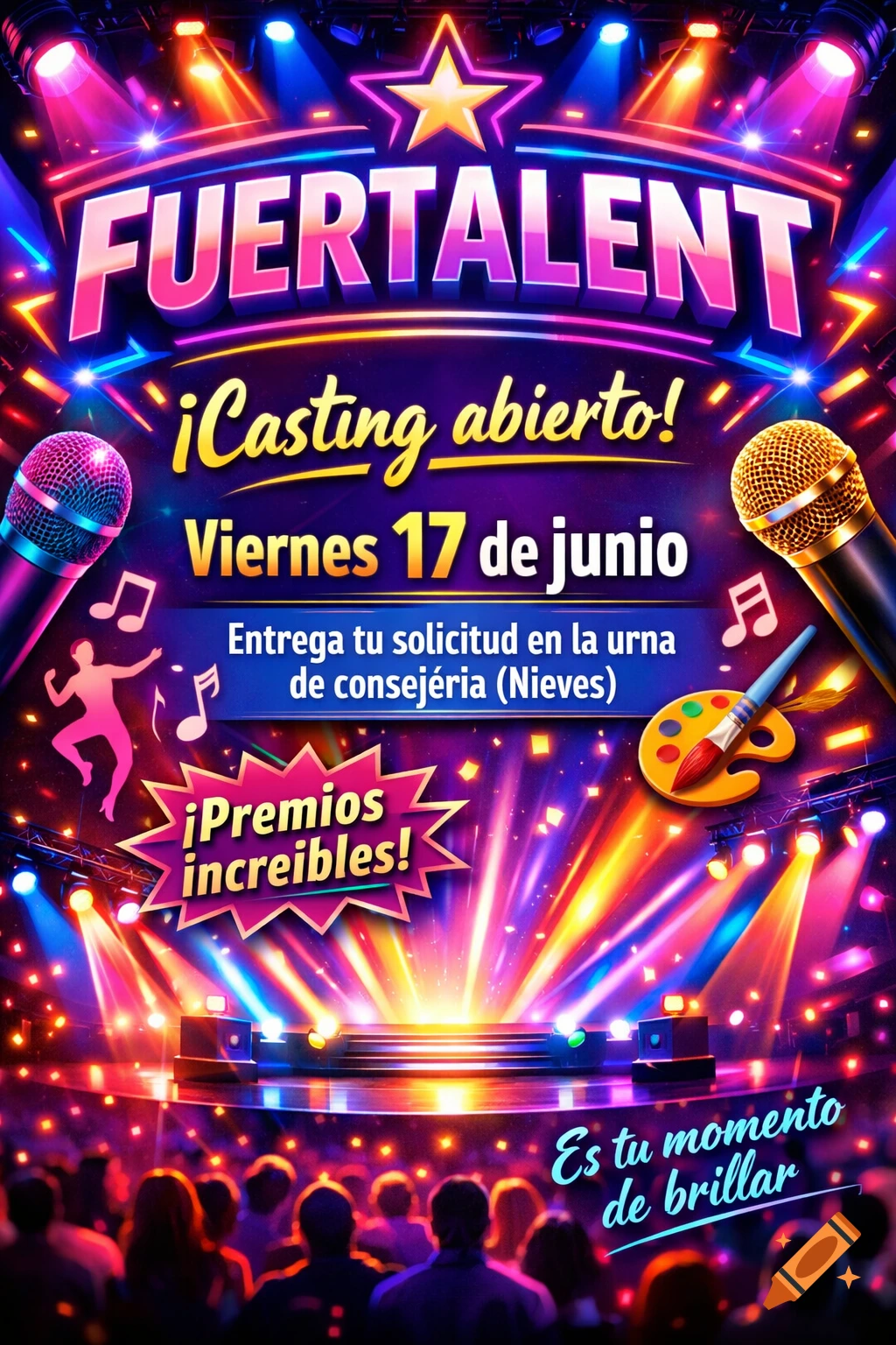 Vibrant, neon-lit poster for "Fuertalent" casting call on June 17, featuring microphones, a stage, and a blurred audience. Text reads "Es tu momento de brillar."