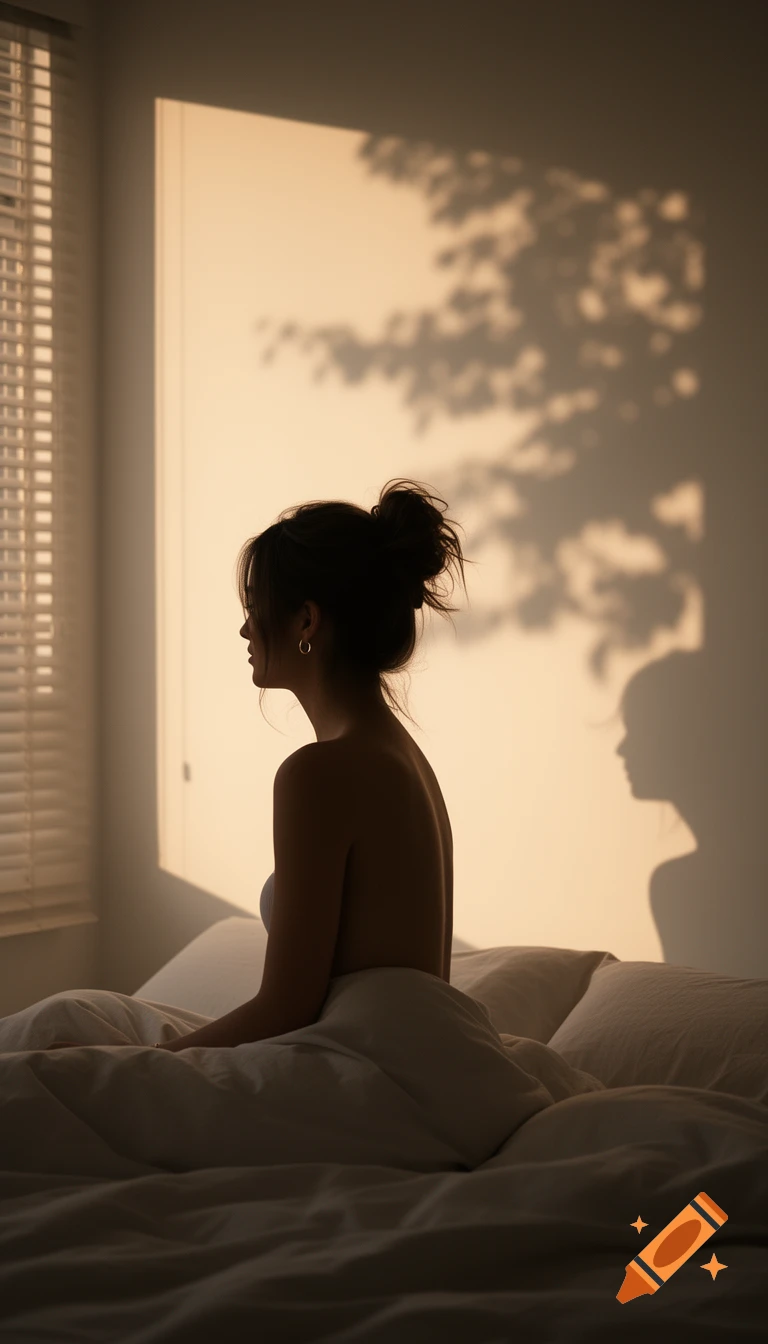 Silhouette of a woman with a messy bun sitting in bed, lit by warm morning sunlight and tree shadows on the wall.