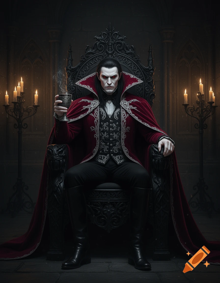 A stern vampire king with red eyes and black hair sits on a gothic throne, holding a smoking goblet in a dimly lit chamber.