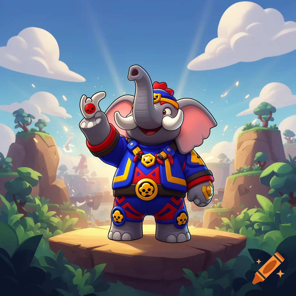 Cartoon elephant in a blue and red uniform with skull badges stands on a rock in a jungle setting under a blue sky.
