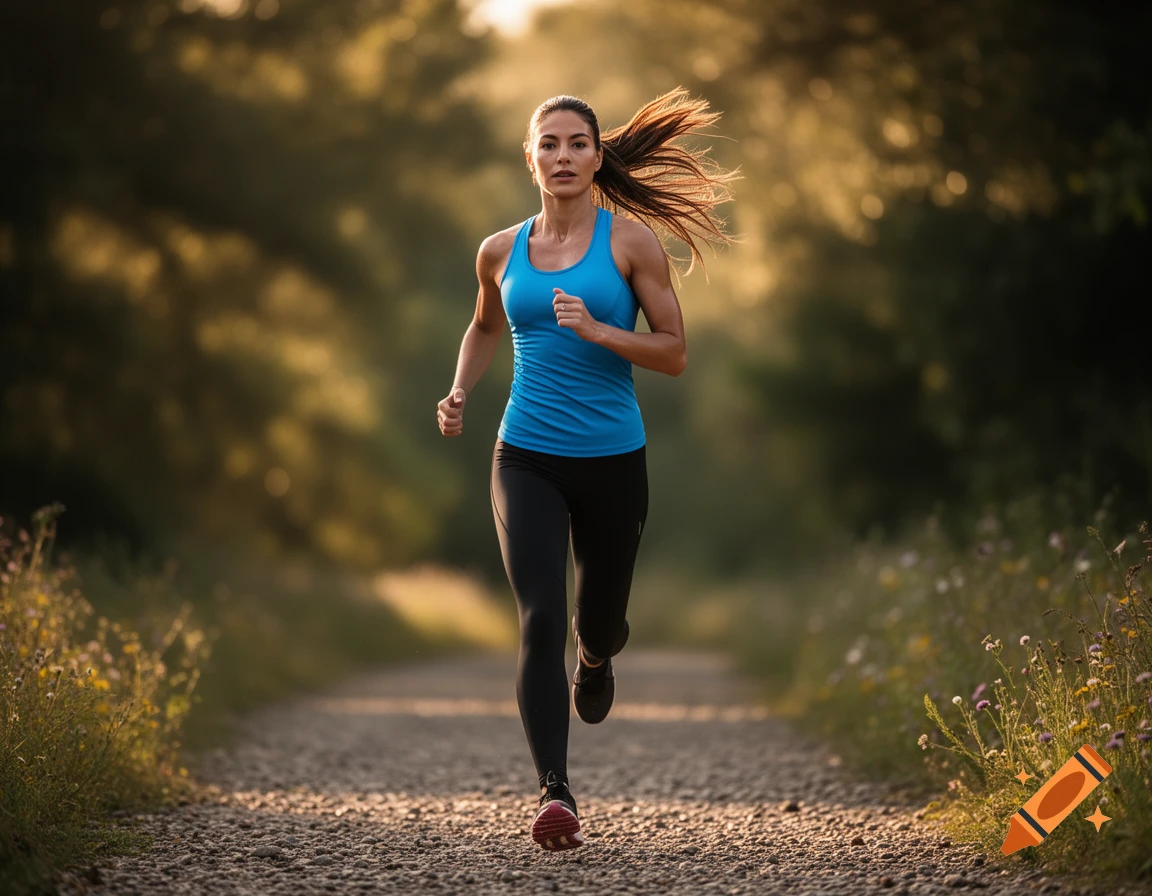 A fit woman runs on a gravel path through a sunny forest, her hair flowing behind her.