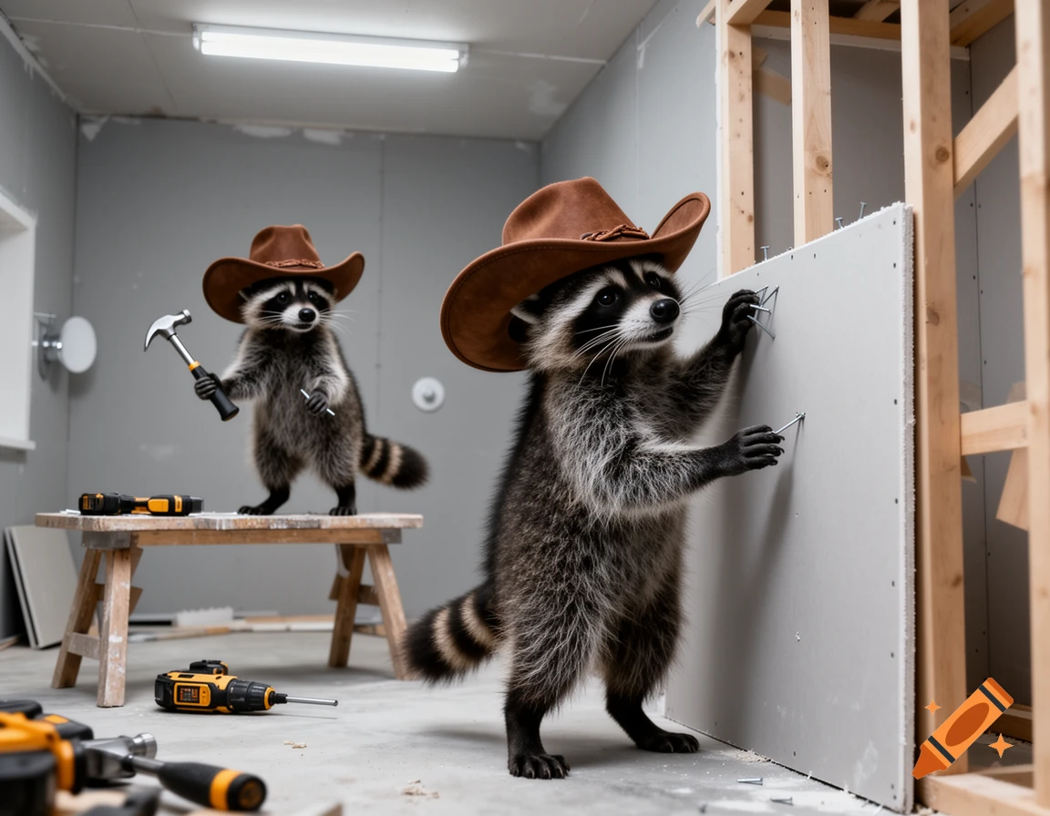 Two anthropomorphic raccoons in cowboy hats hang drywall in a room under construction, one with a hammer.