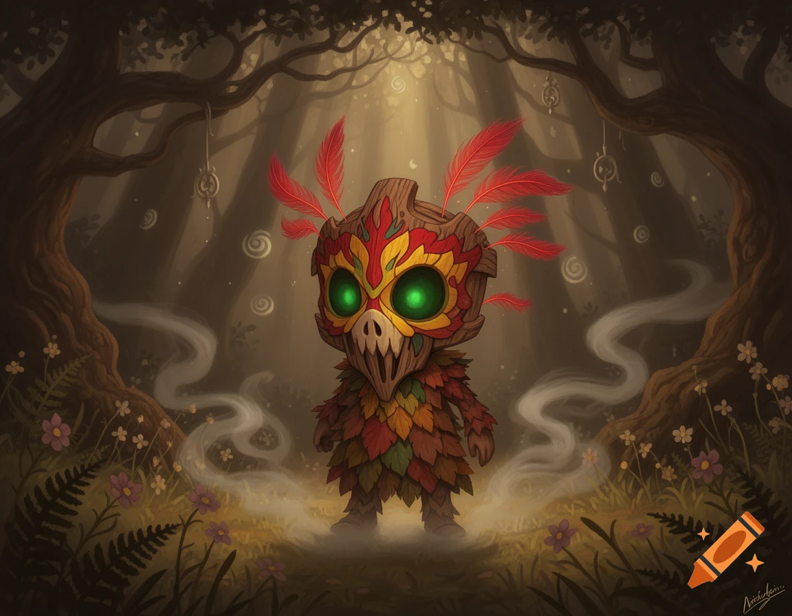 A cute, stylized creature resembling Skull Kid, with a leaf-and-wood mask, glowing green eyes, and red feathers, stands in a mystical, sunlit forest.