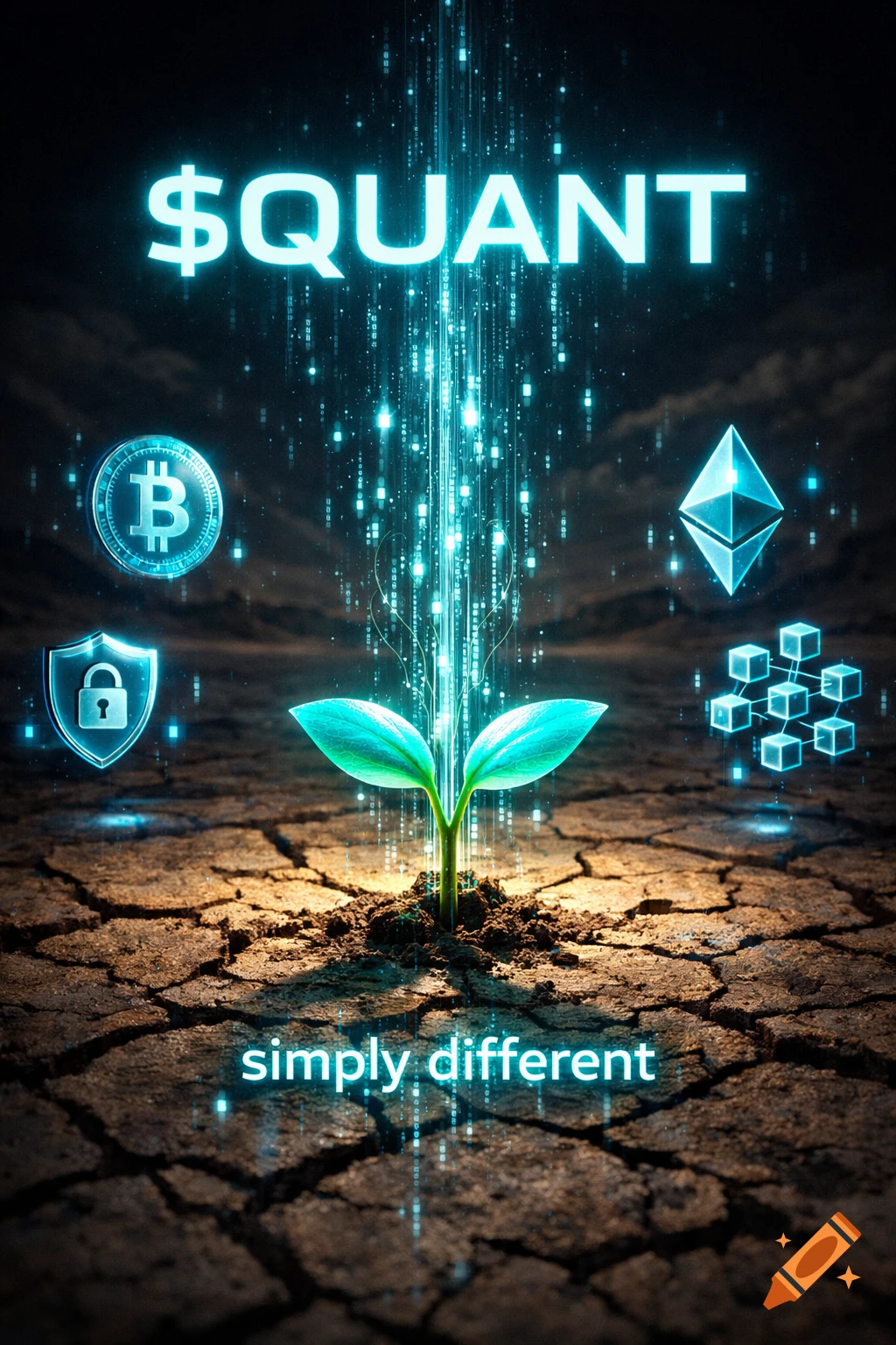 A glowing sprout emerges from cracked earth, surrounded by digital cryptocurrency symbols. Text reads "$QUANT" and "simply different".