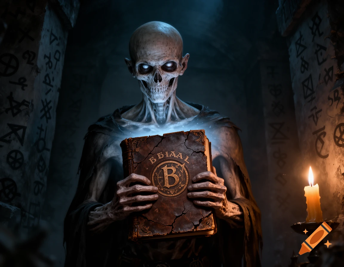 A gaunt, skeletal figure with glowing eyes holds a glowing, cracked book labeled "BBAAL" in a dark, ancient temple with carved symbols and a burning candle.