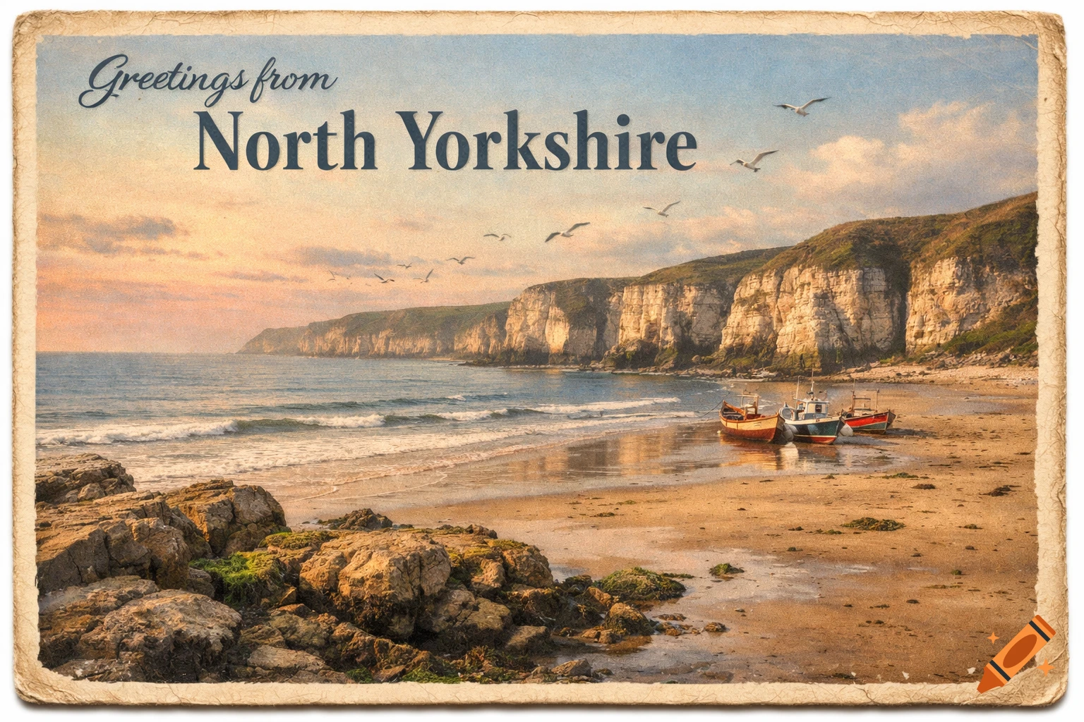 Vintage postcard of a North Yorkshire beach scene with cliffs, boats on the sand, and seagulls under a pastel sky. Text reads 'Greetings from North Yorkshire'.