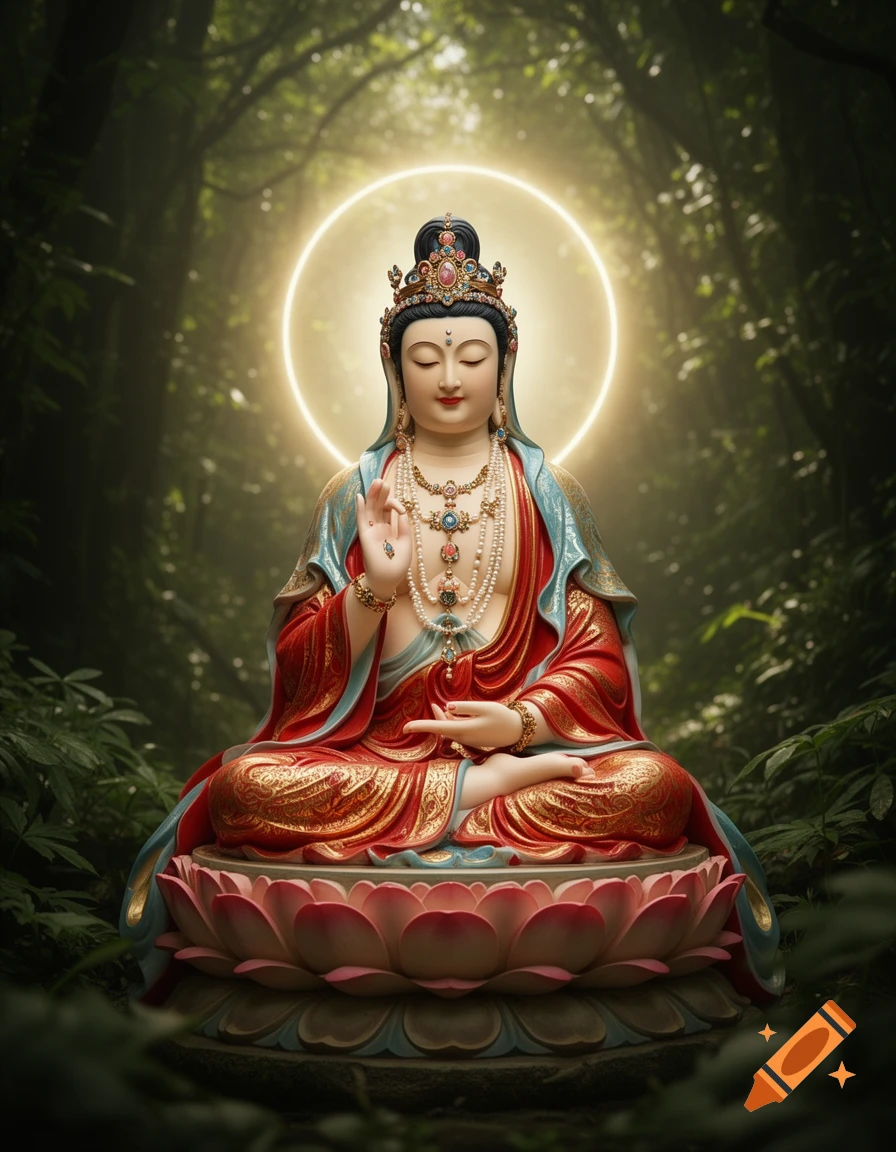 A serene, detailed statue of Avalokiteśvara Bodhisattva in meditation, with a glowing halo, set in a lush forest.