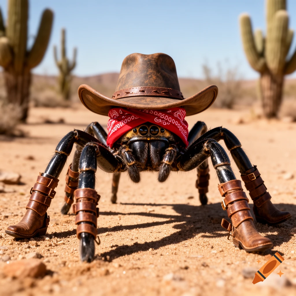 A photorealistic spider dressed as an outlaw, wearing a cowboy hat, red bandana, and brown boots, stands in a desert with cacti.
