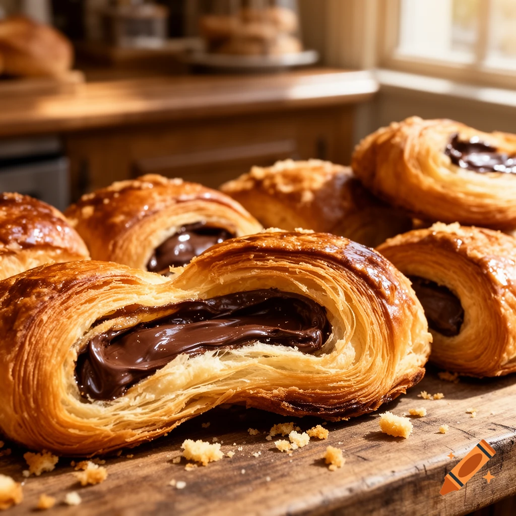 Close-up of flaky pains au chocolat with rich chocolate filling on a rustic wooden board in a sunlit kitchen.