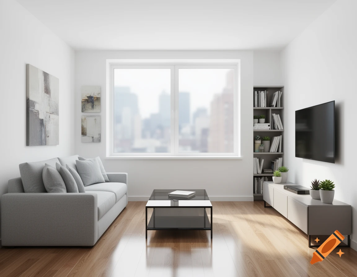 A bright, modern living room with a grey sofa, black coffee table, TV, and a bookshelf, overlooking a city skyline through a large window.