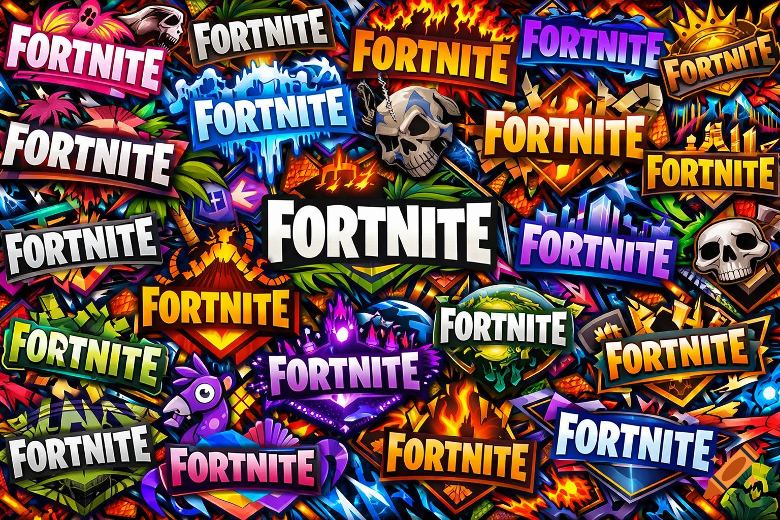 Colorful collage of numerous Fortnite logos and game elements like skulls, llamas, and environmental motifs.