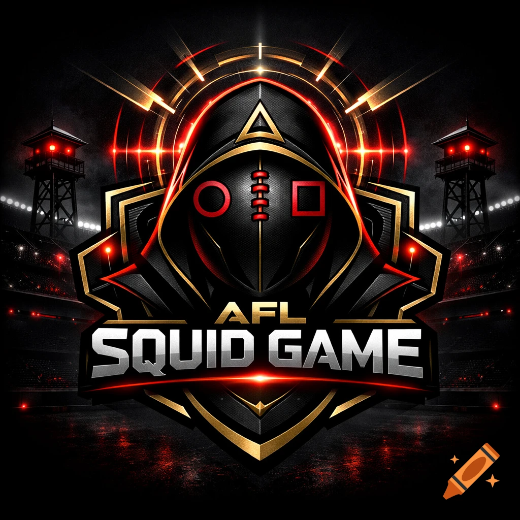 A stylized dark esports logo for 'AFL Squid Game' with a masked figure, red accents, gold trim, and distant stadium towers.