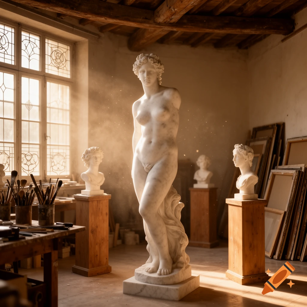 A photorealistic image of a nude marble classical statue standing in a sunlit art studio with other busts and art supplies.