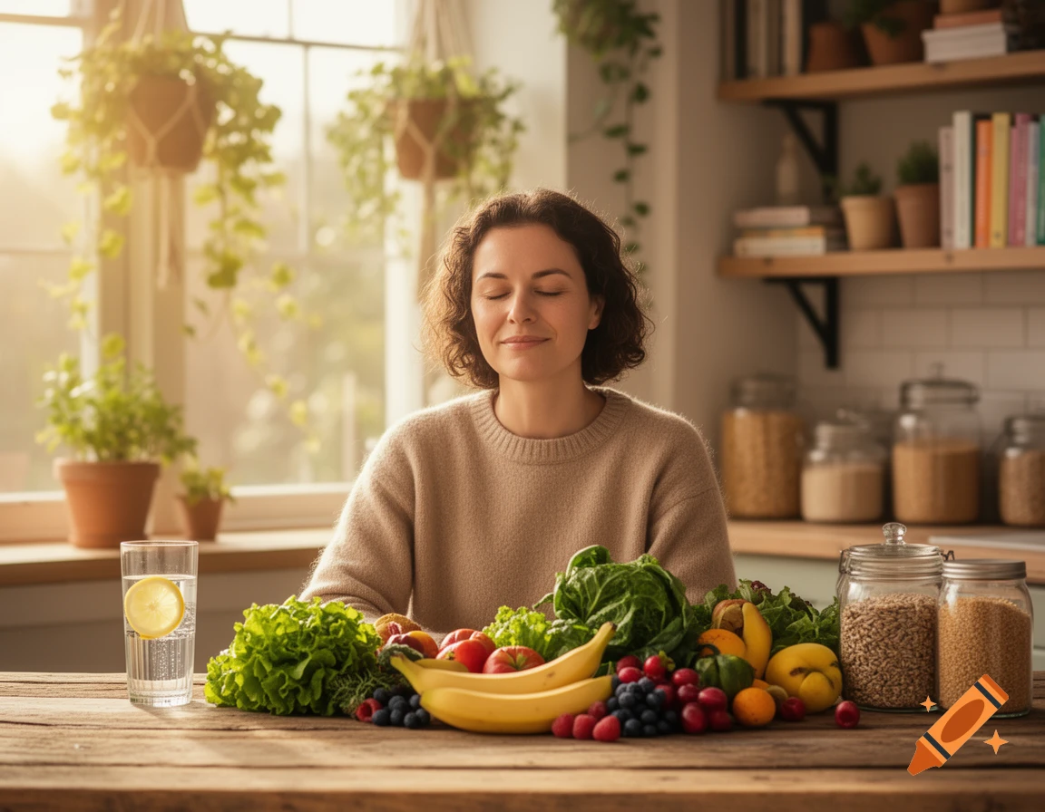 A woman with her eyes closed, smiling, sits at a wooden table abundant with fresh fruits and vegetables in a sunlit kitchen.
