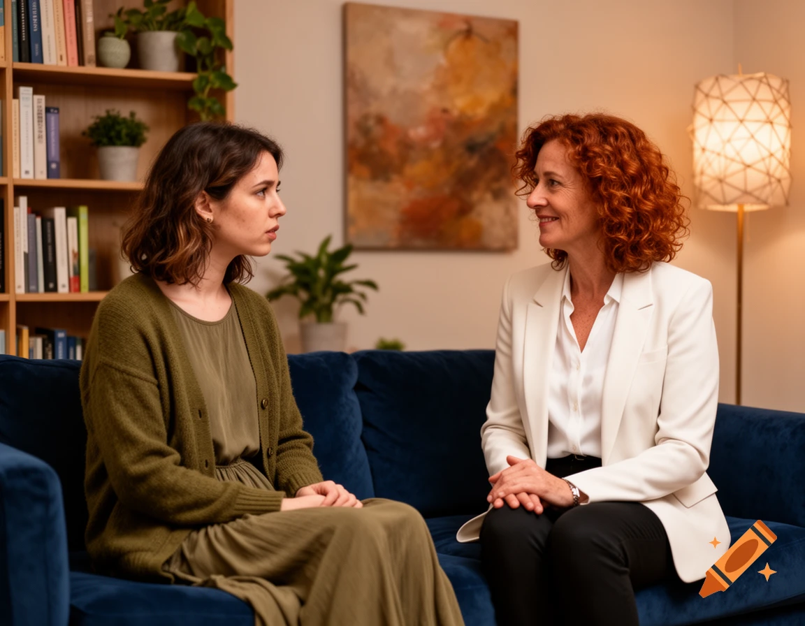 Two women, one with red curly hair and a white blazer, the other with brown hair and a green dress, sit on a blue couch, engaged in conversation, in a cozy room with a bookshelf and lamp.