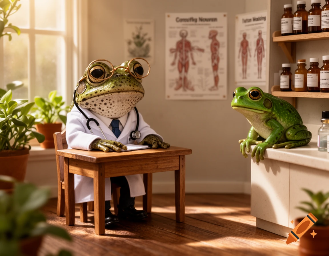 A photorealistic frog doctor in glasses and a lab coat sits at a desk, looking at a frog patient on a counter in a doctor's office.
