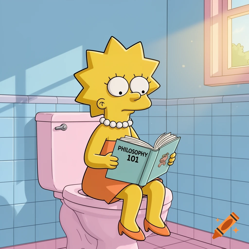 Cartoon Lisa Simpson sitting on a pink toilet in a blue tiled bathroom, reading a book titled 'PHILOSOPHY 101'.