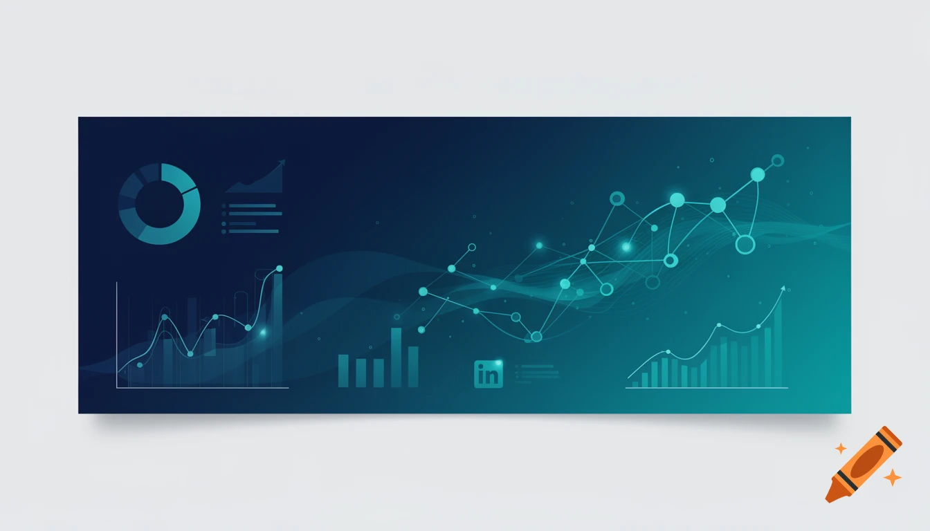 Abstract data visualization with charts, graphs, and network nodes on a dark blue and teal background, in a professional, tech-inspired style.
