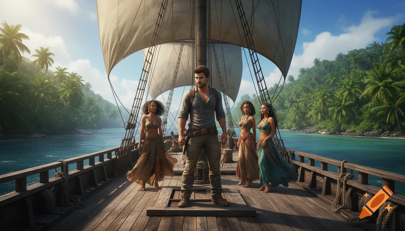 A man resembling Nathan Drake stands on a pirate ship with three exotic women, sailing through tropical waters with lush islands.