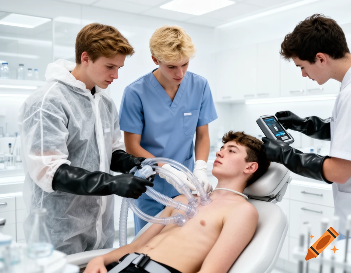 Three young male scientists in a bright lab, two wearing gloves and scrubs, one in a hazmat suit, perform an experiment on a shirtless male patient strapped to a dental chair with tubes and suction cups on his chest. One scientist uses a handheld scanner.