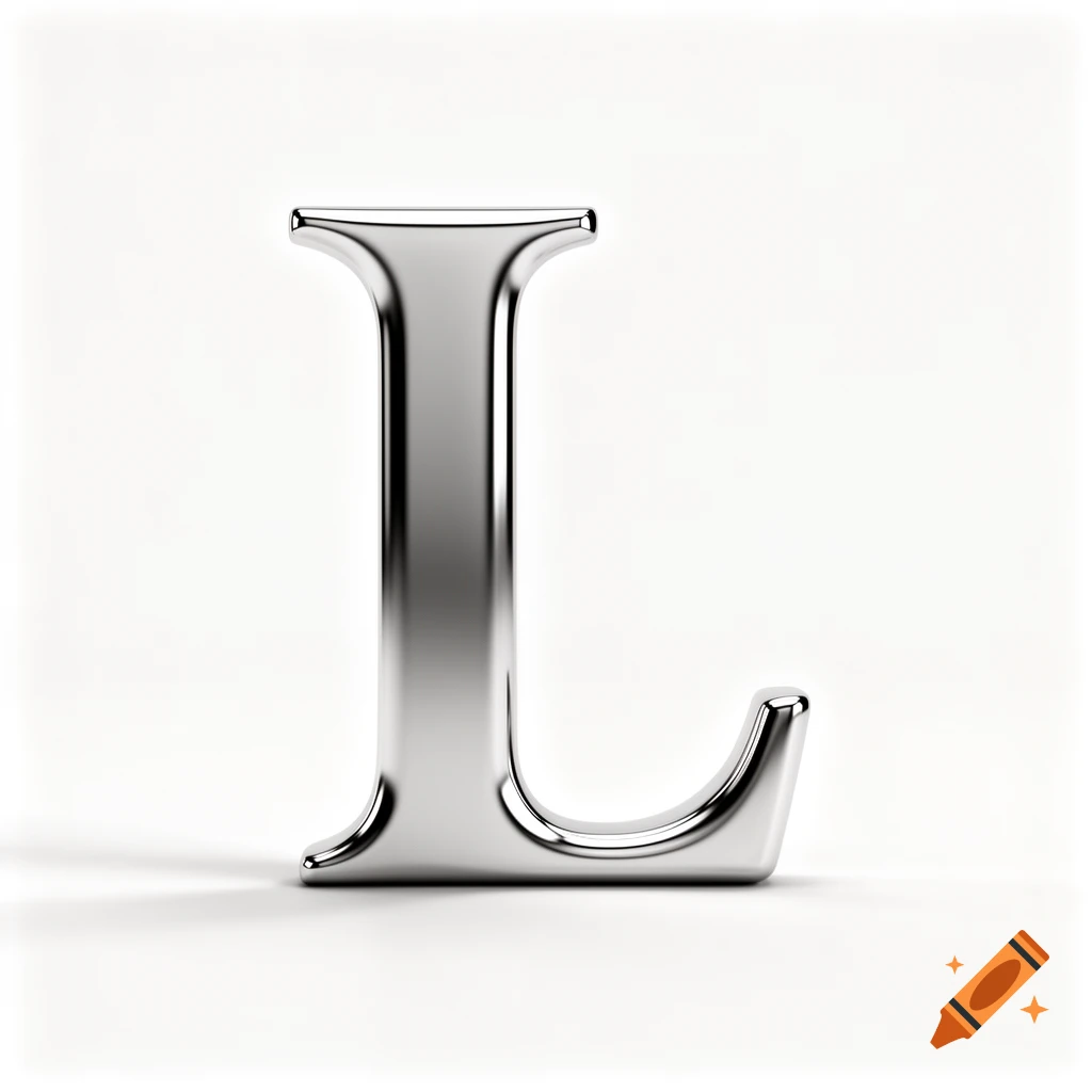 A shiny, metallic 3D rendered uppercase letter L stands on a white background.
