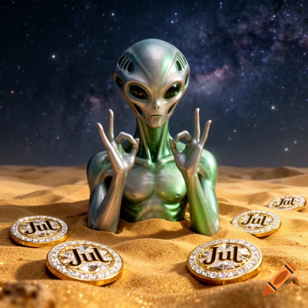 A 3D rendered alien with green skin makes a hand gesture while half-submerged in sparkling sand with gold and diamond JUL discs, under a starry night sky.