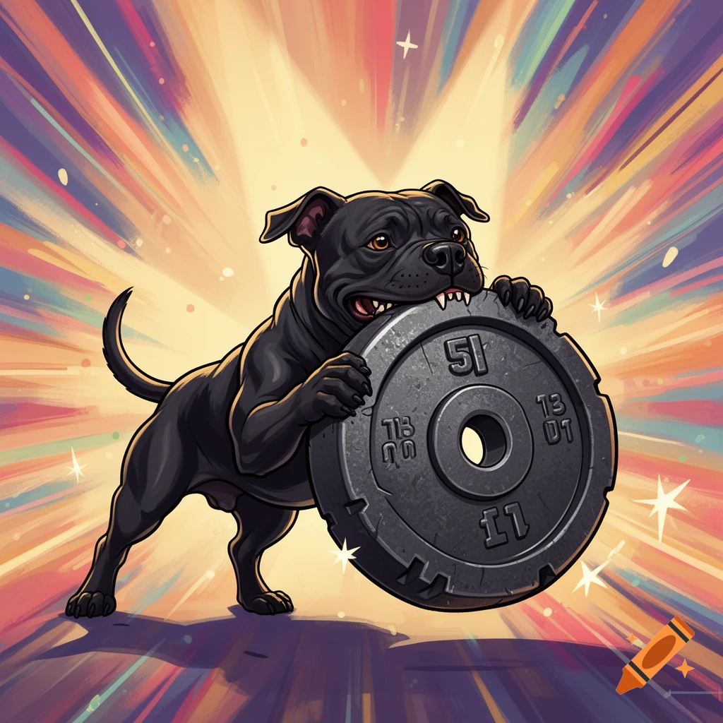 A cartoon black Staffordshire Bull Terrier with sharp teeth fiercely bites a dark gray CrossFit weight plate, set against a vibrant, radiating colorful background.