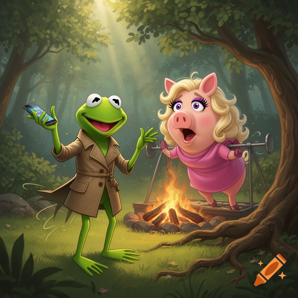 Kermit the Frog, in a trench coat, holds a smartphone as Miss Piggy is roasted over a campfire in a lush forest clearing. Cartoon illustration.
