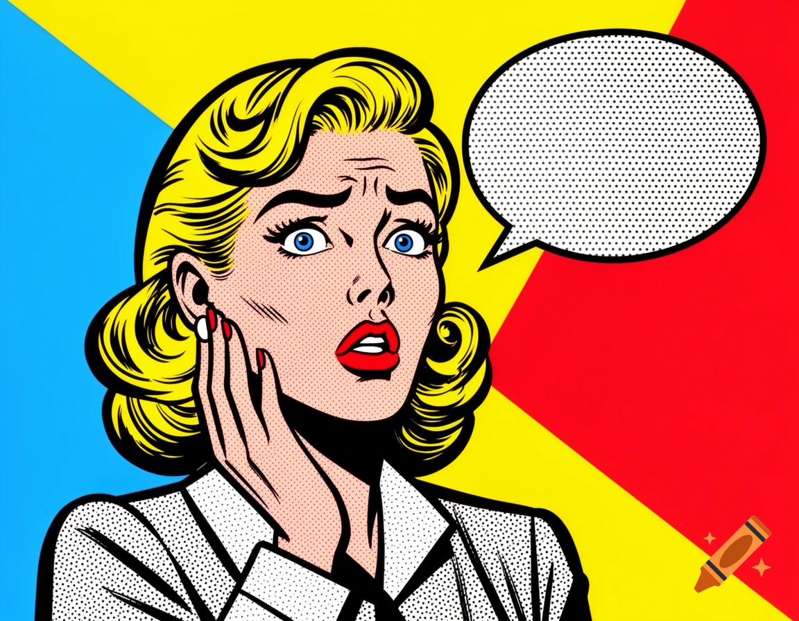 Pop art illustration of a surprised woman with blonde hair and red lips, hand on her cheek, next to an empty speech bubble, on a red, yellow, and blue background.