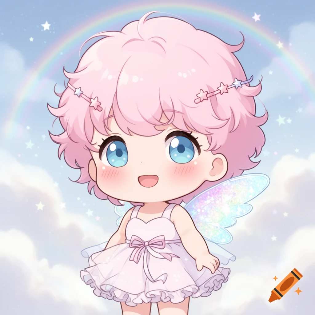 A cute chibi girl with pink hair, blue eyes, glittery wings, and a white dress, under a rainbow in a sky with clouds and stars.