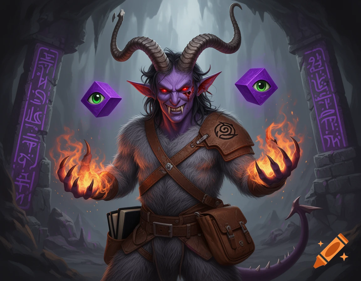 A purple-skinned Tieffelin with horns, red eyes, and sharp teeth grins, holding fire in its hands. It wears leather armor and is in a cave with glowing purple ruins.