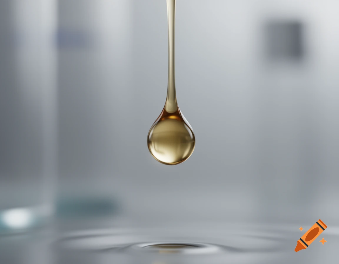 A golden liquid droplet falls into a grey liquid, creating ripples. Photorealistic style.
