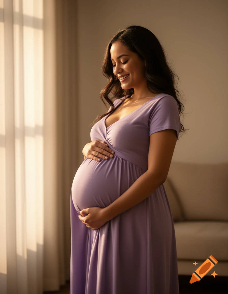 A smiling pregnant woman in a lavender dress stands indoors, gently holding her belly in warm sunlight.