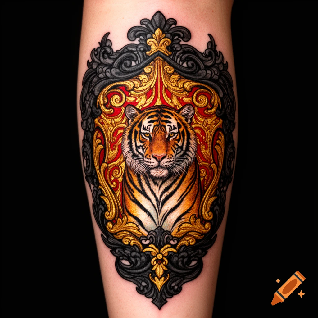 Detailed tattoo of a tiger's head and chest in an ornate black, gold, and red frame, on human skin.