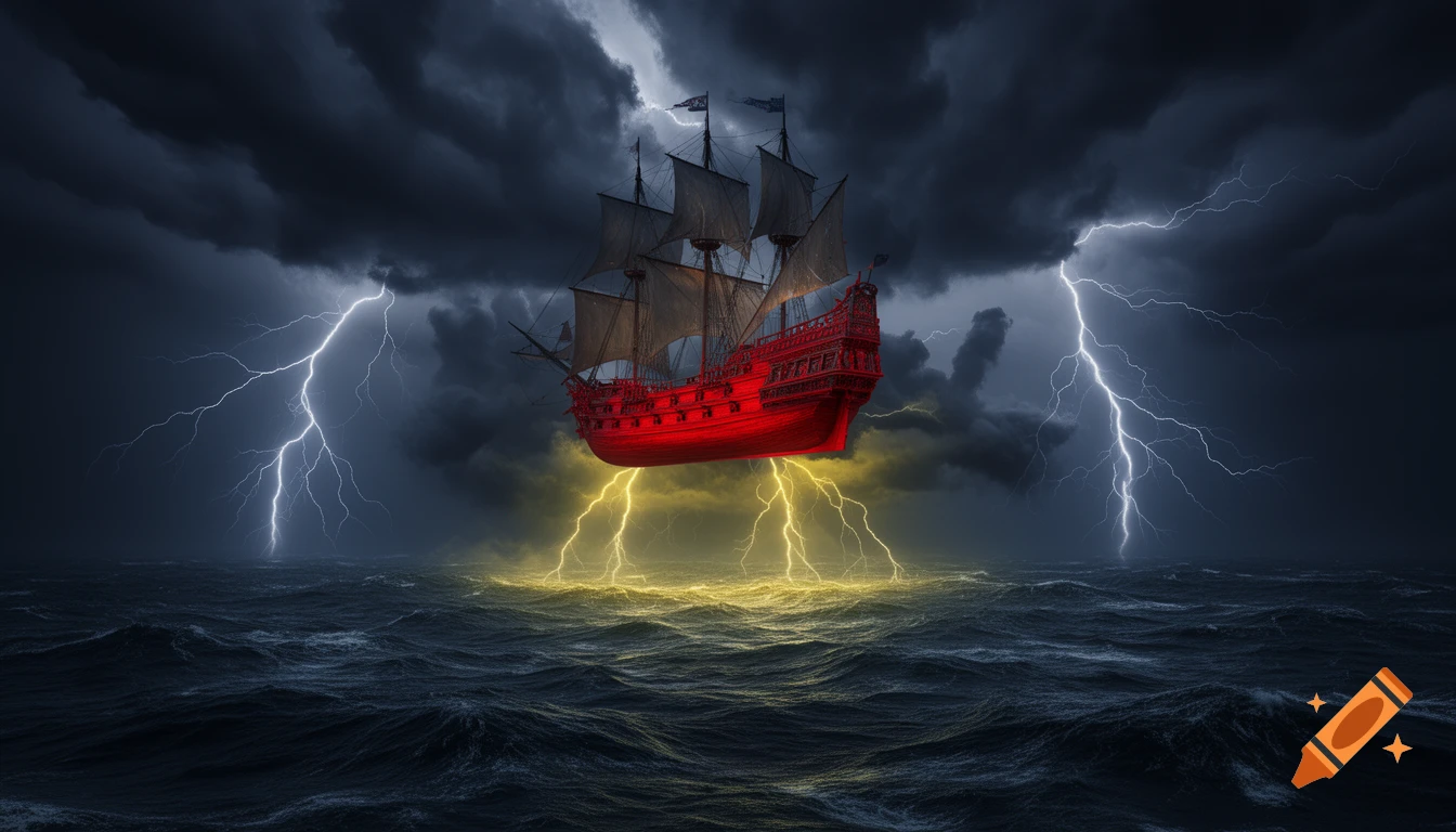 A red galleon hovers over a stormy, dark ocean, illuminated by white lightning striking from intense storm clouds and yellow lightning beneath its hull.