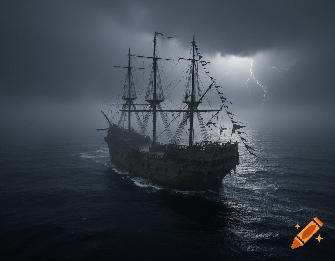 A massive, dark, old ghost ship sails through stormy dark waters under a lightning-filled sky.