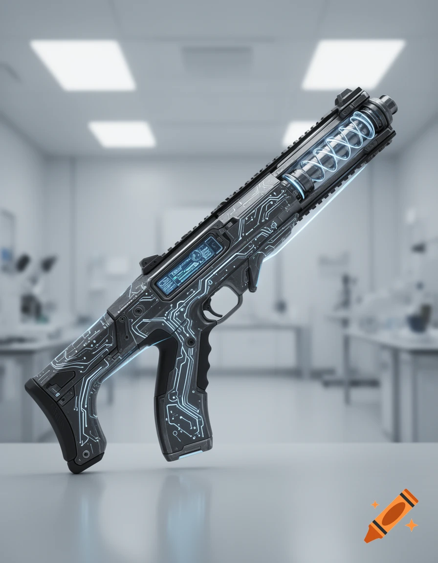 A detailed, sleek sci-fi rifle with glowing blue circuit patterns and a transparent barrel showing an energy coil, set in a blurred lab.